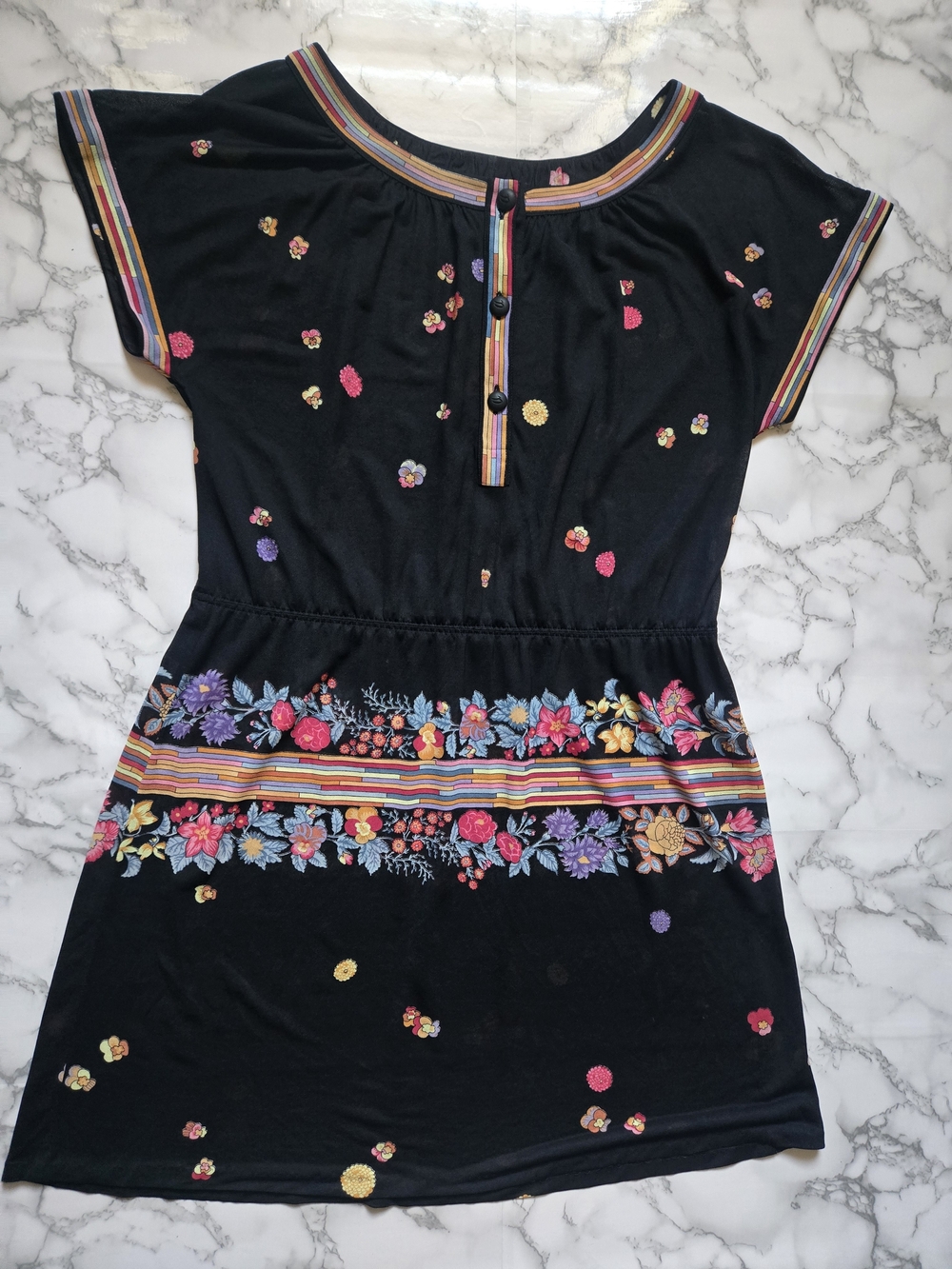 Black Floral Stripe Rainbow Sheer Mesh Short Sleeve Dress Small - Picture 3 of 7